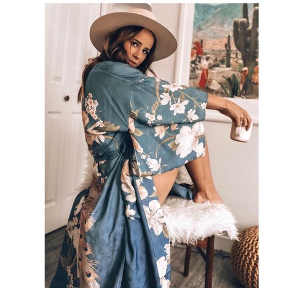 Boho Teal Blue Floral Peacock print Kimono coverup